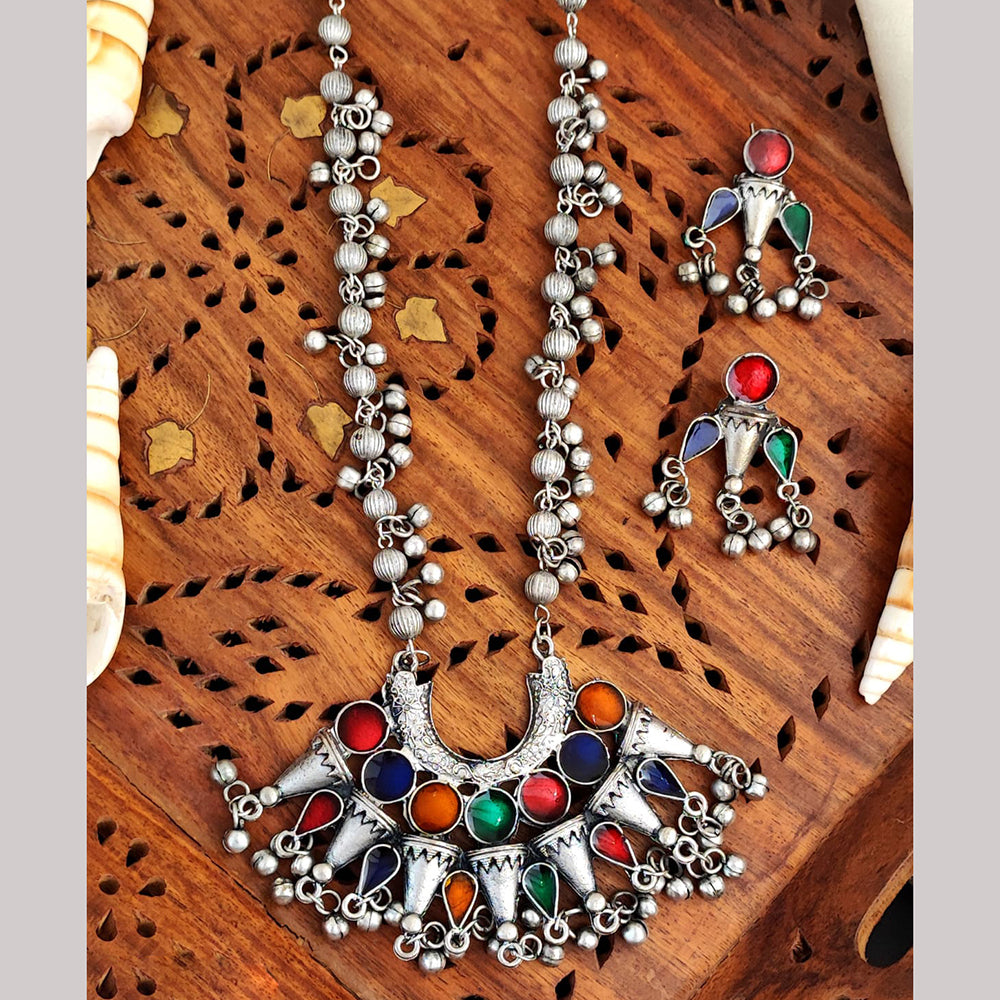 Everlasting Quality Jewels Oxidised Plated Pota Stone And Beads Necklace Set