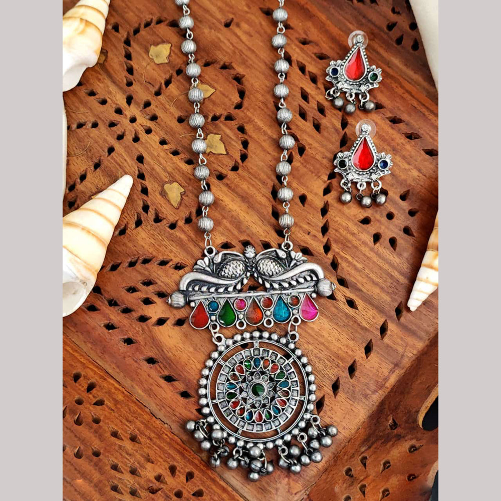 Everlasting Quality Jewels Oxidised Plated Pota Stone And Beads Necklace Set