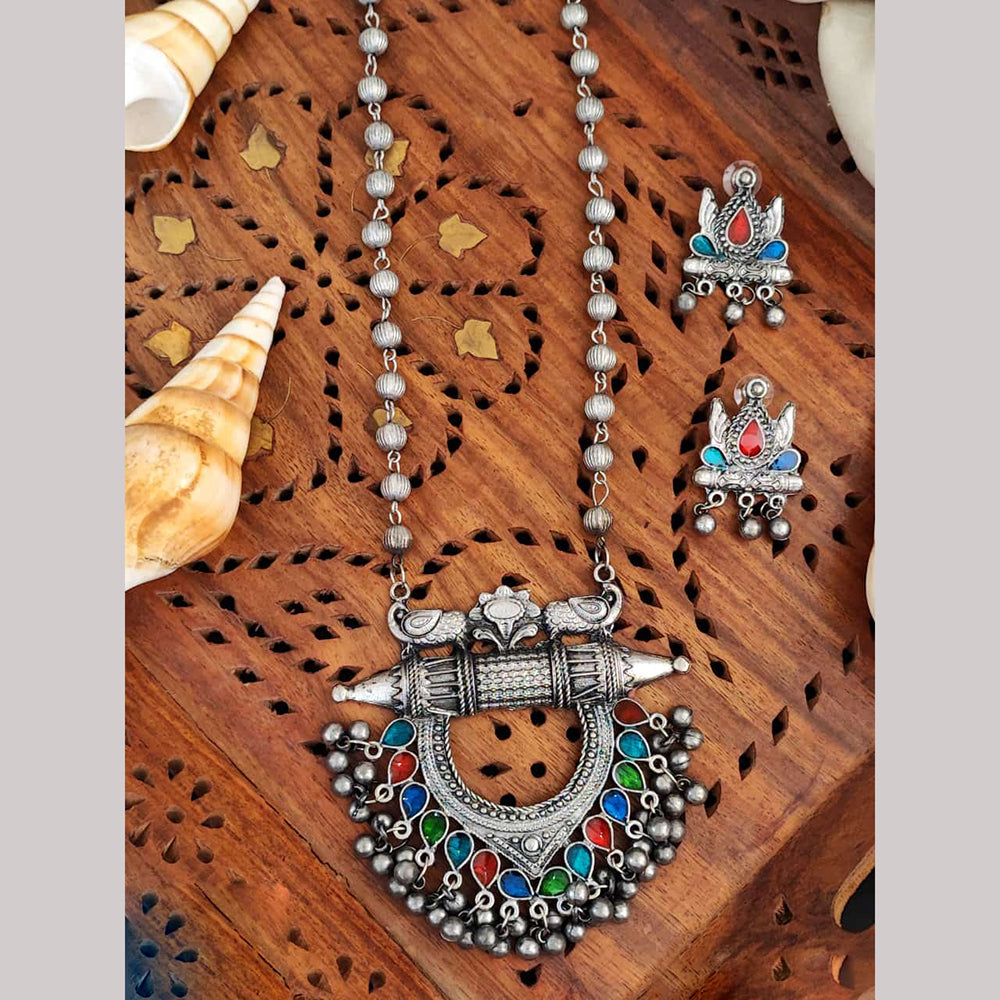 Everlasting Quality Jewels Oxidised Plated Pota Stone And Beads Necklace Set