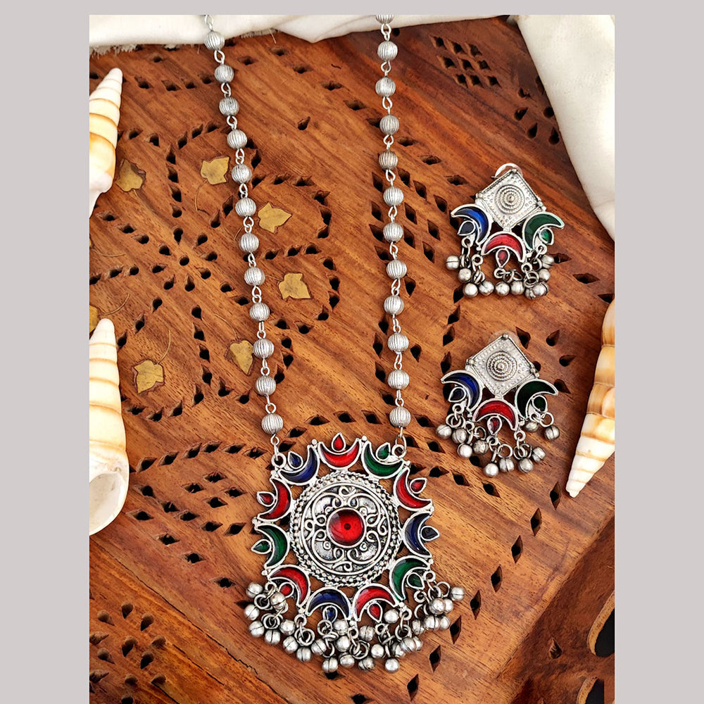 Everlasting Quality Jewels Oxidised Plated Pota Stone And Beads Necklace Set