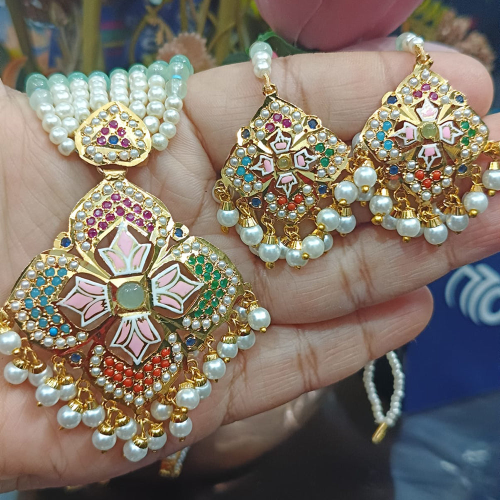 Everlasting Quality Jewels Grand Pota Stone And Beads Meenakari Necklace Set