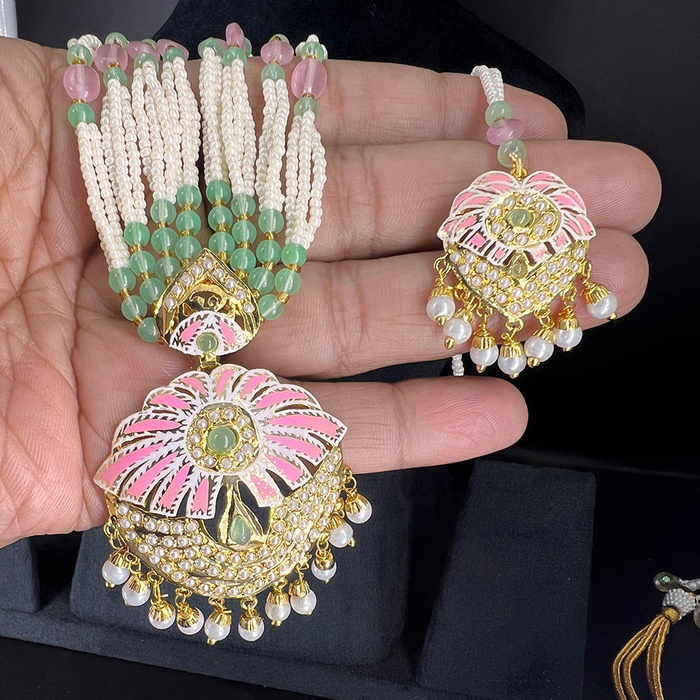 Everlasting Quality Jewels Grand Pota Stone And Beads Meenakari Necklace Set