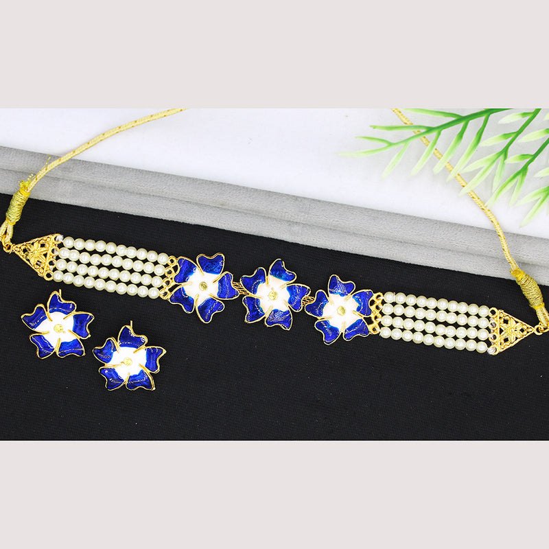 Mahavir Gold Plated Pearl Choker Necklace Set