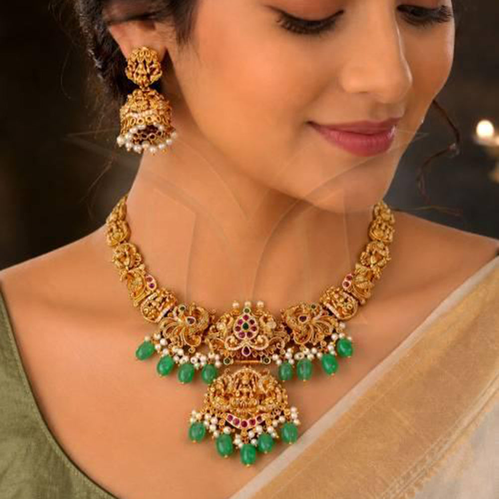 Everlasting Quality Jewels Pota Stone And Pearl South Indian Temple Necklace Set