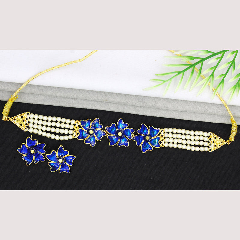 Mahavir Gold Plated Pearl Choker Necklace Set