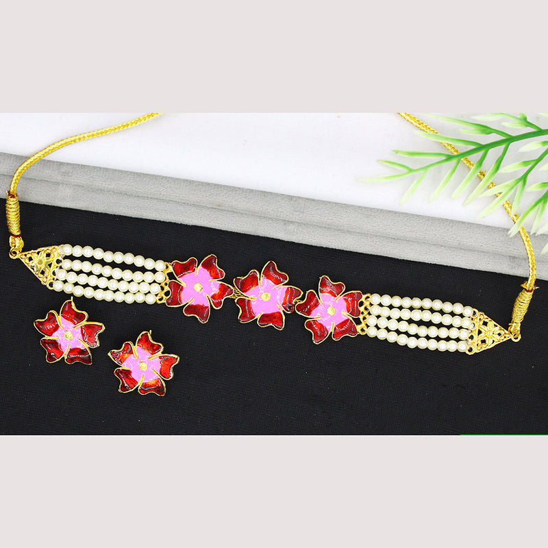 Mahavir Gold Plated Pearl Choker Necklace Set