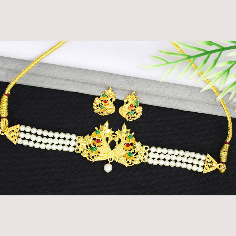 Mahavir Gold Plated Pearl Choker Necklace Set