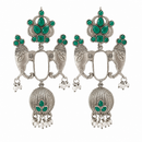 Urthn Oxidised Silver Designer Elephant Motif Jhumka Earrings with Green Stones & Pearl Drops