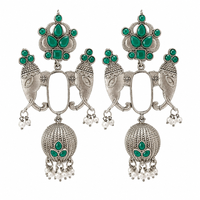 Urthn Oxidised Silver Designer Elephant Motif Jhumka Earrings with Green Stones & Pearl Drops