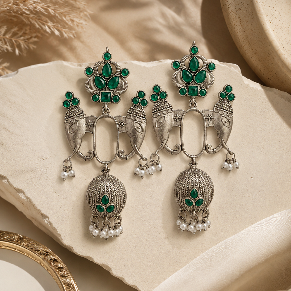 Urthn Oxidised Silver Designer Elephant Motif Jhumka Earrings with Green Stones & Pearl Drops
