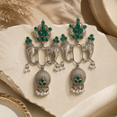 Urthn Oxidised Silver Designer Elephant Motif Jhumka Earrings with Green Stones & Pearl Drops