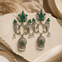 Urthn Oxidised Silver Designer Elephant Motif Jhumka Earrings with Green Stones & Pearl Drops
