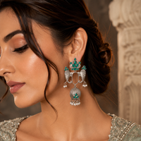 Urthn Oxidised Silver Designer Elephant Motif Jhumka Earrings with Green Stones & Pearl Drops