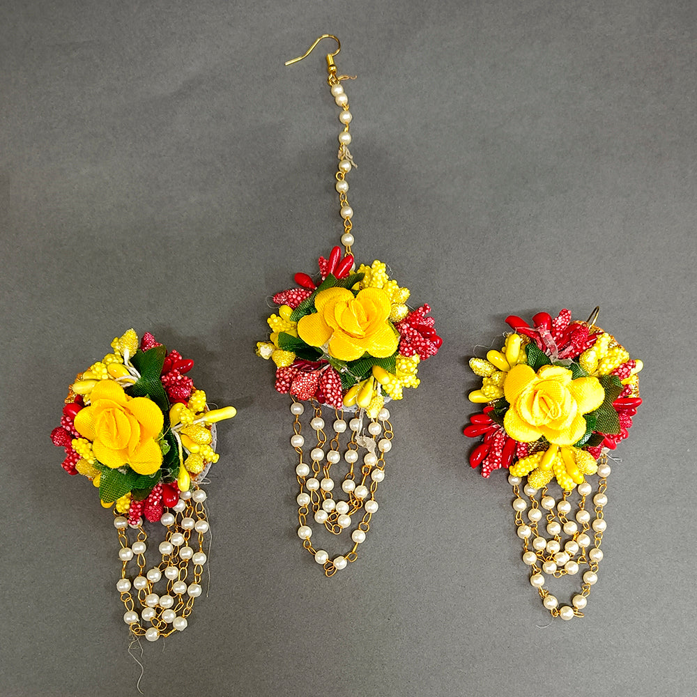 Darshana Jewels Floral Design Earrings With Maang tikka