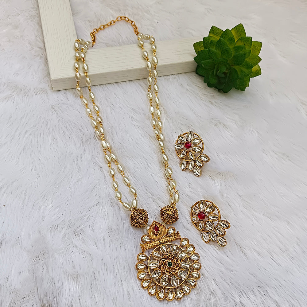Darshana Jewels Gold Plated Kundan Pearl Long Necklace Set