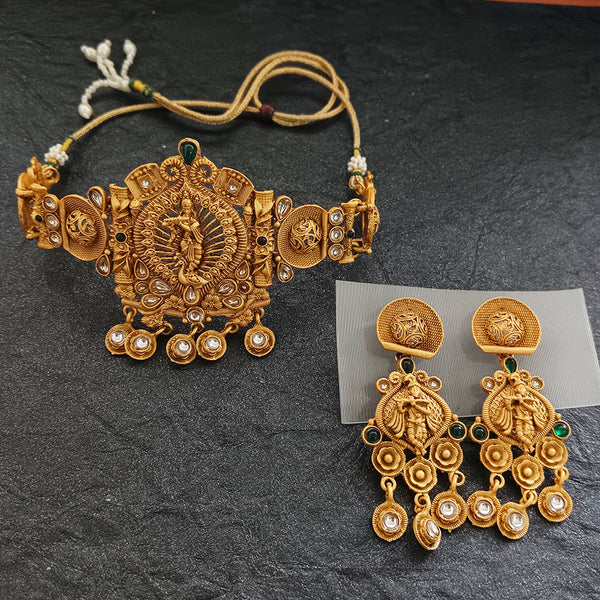 Darshana Jewels Gold Plated Pota Stone And Pearls Temple Choker Necklace Set