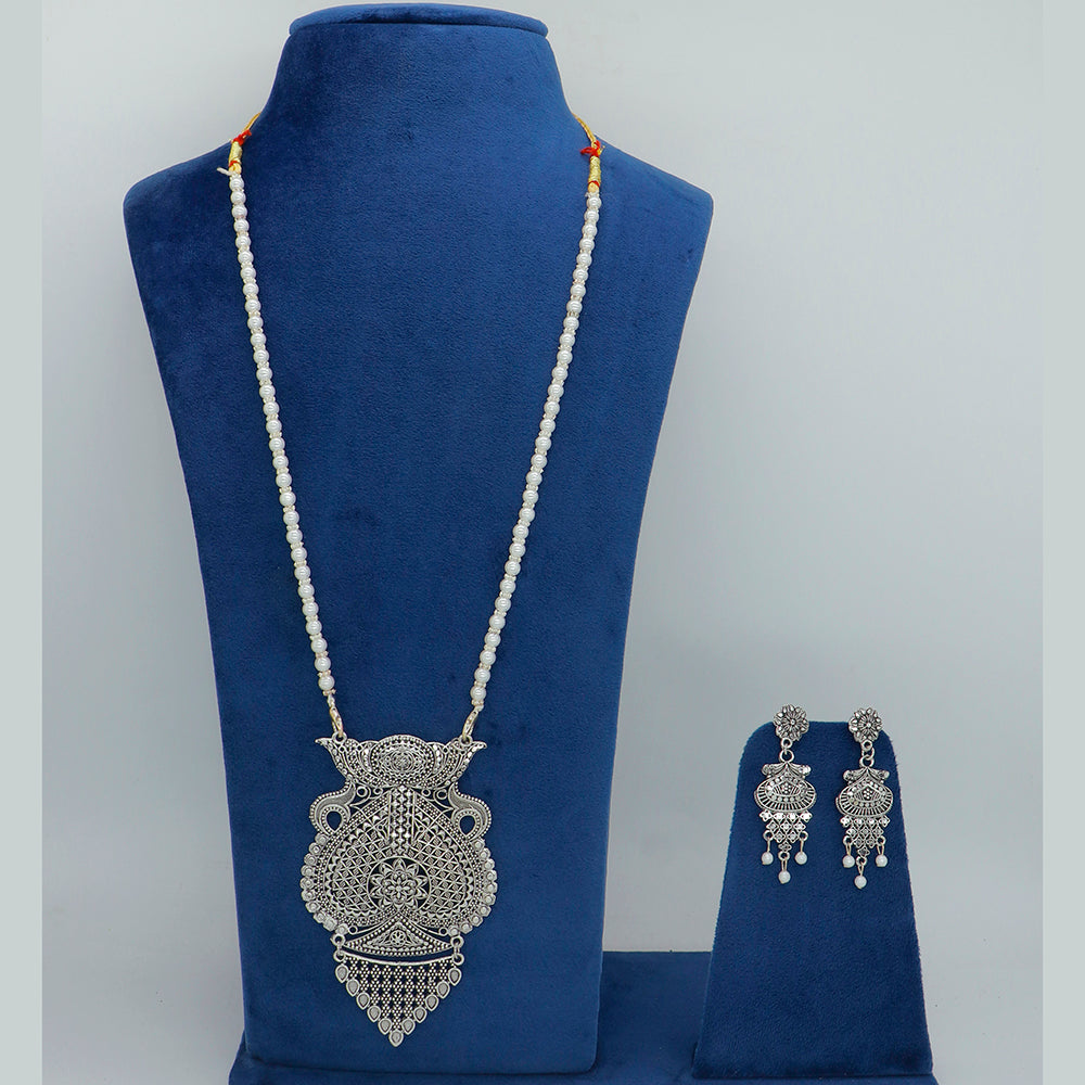 Mahavir Oxidised Plated Pearl Long Necklace Set