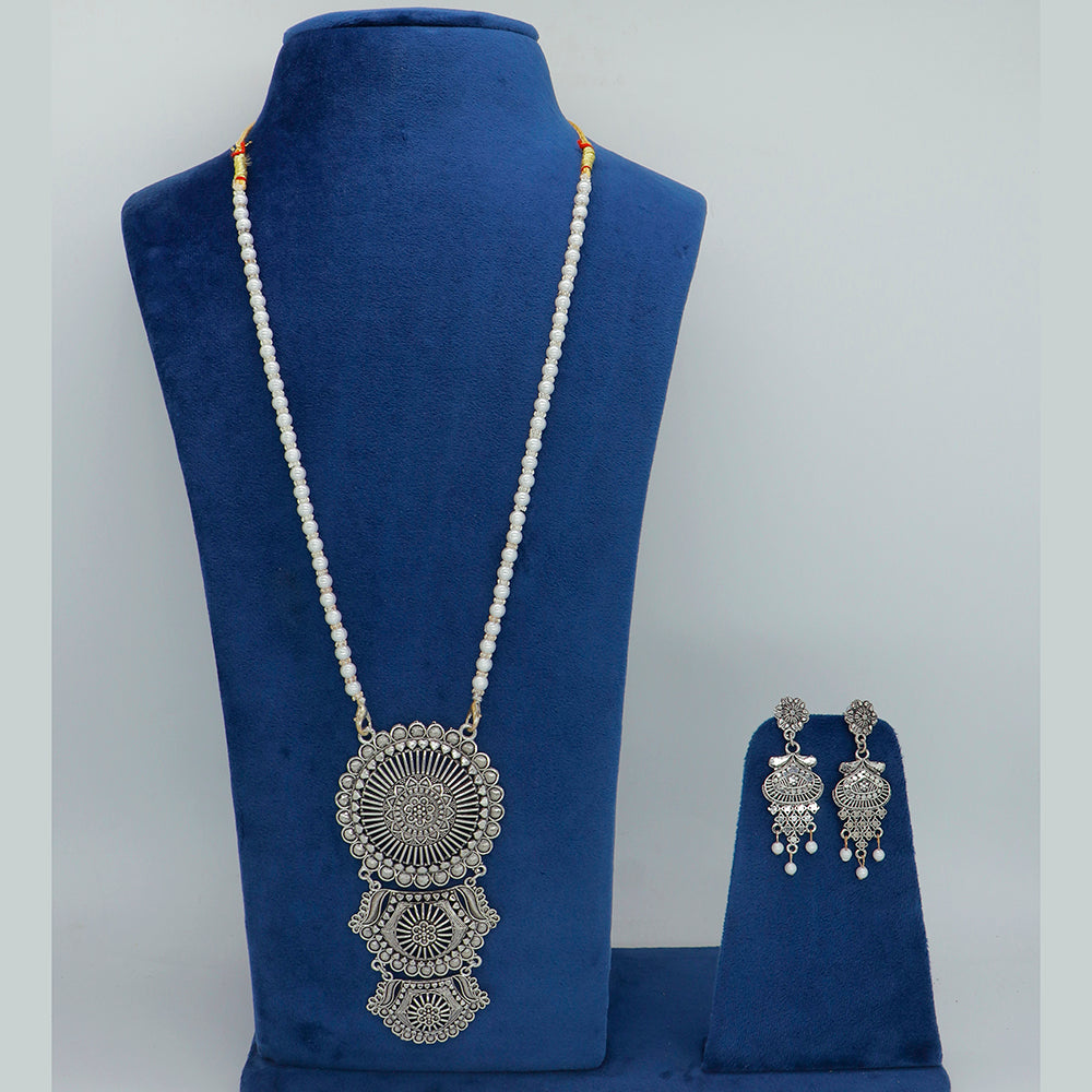 Mahavir Oxidised Plated Pearl Long Necklace Set