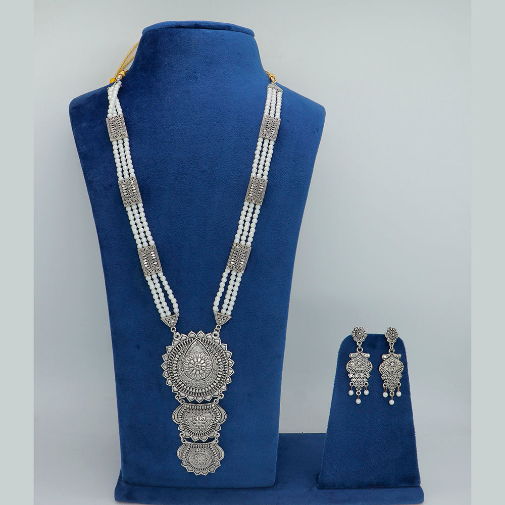 Mahavir Oxidised Plated Pearl Long Necklace Set