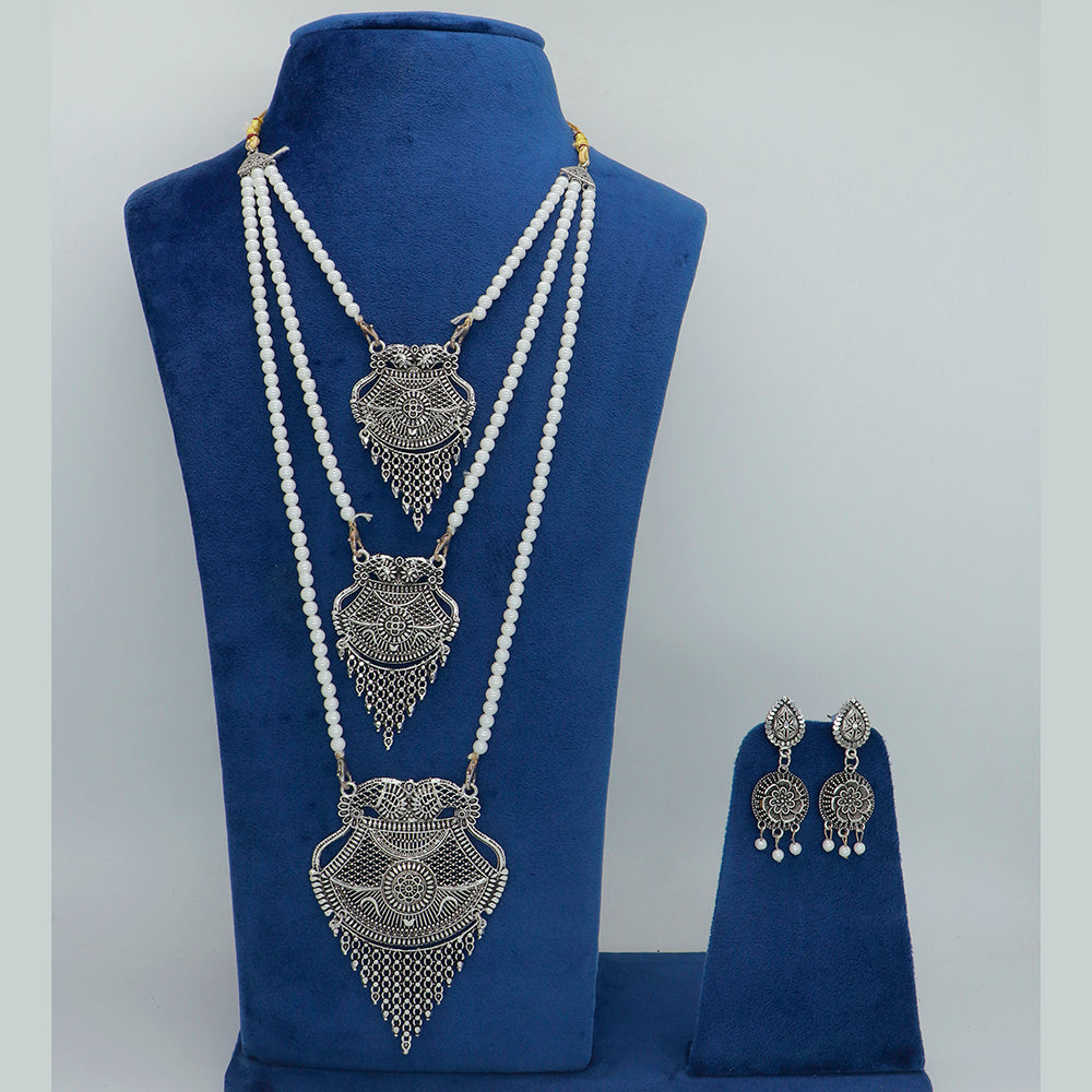 Mahavir Oxidised Plated Pearl Long Necklace Set