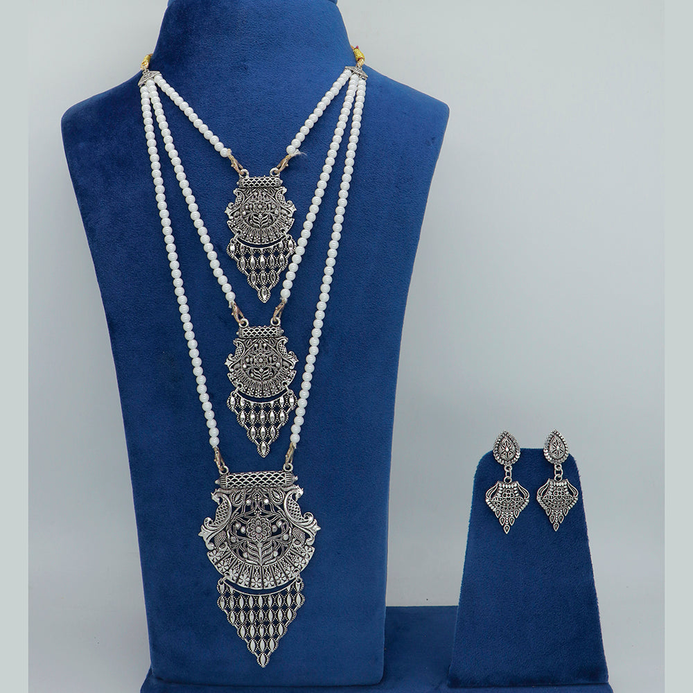 Mahavir Oxidised Plated Pearl Long Necklace Set