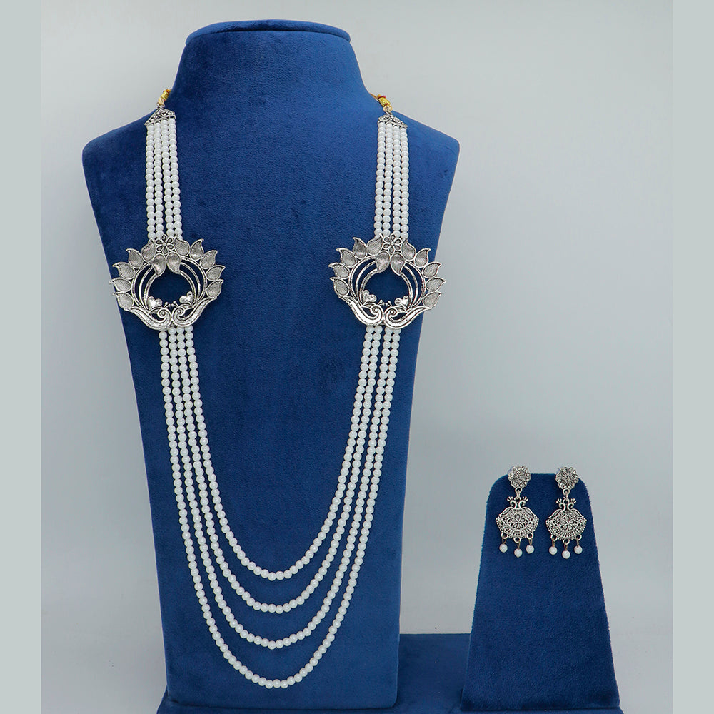 Mahavir Oxidised Plated Long Pearls Necklace Set