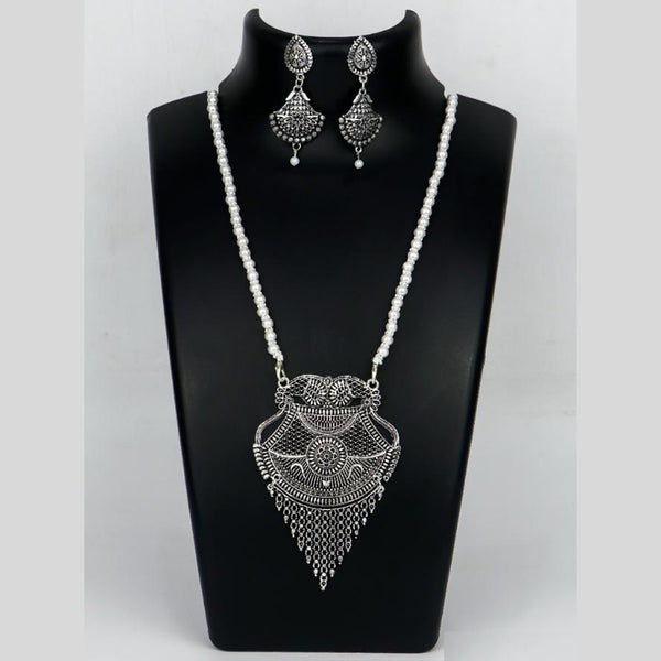 Mahavir Oxidised Plated Long Pearls Necklace Set