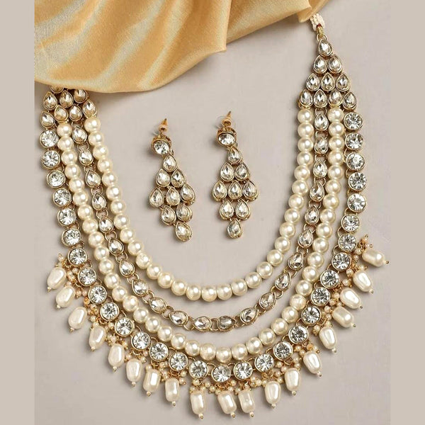 Lalita Creation Gold Plated Austrian Stone And Pearl Multi Layer Necklace Set
