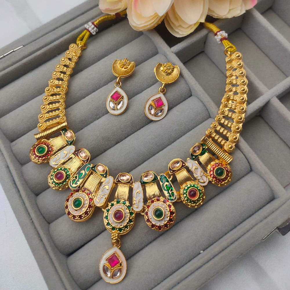 Lalita Creation Gold Plated Pota Stone And Meenakari Necklace Set