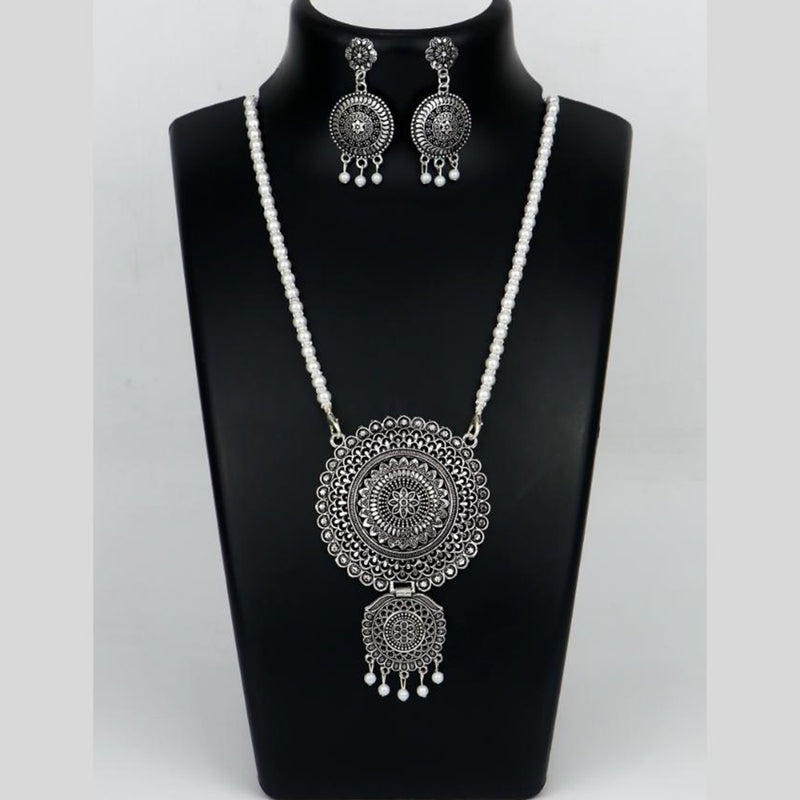 Mahavir Oxidised Plated Long Pearls Necklace Set