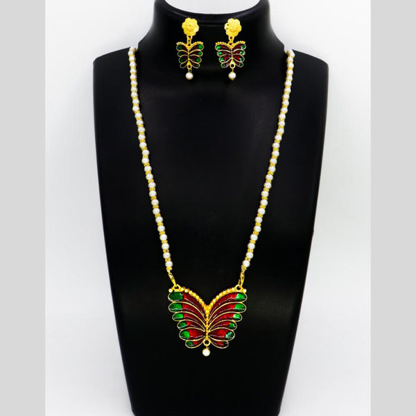 Mahavir Gold Plated Pearls And Meenakari Long Necklace Set