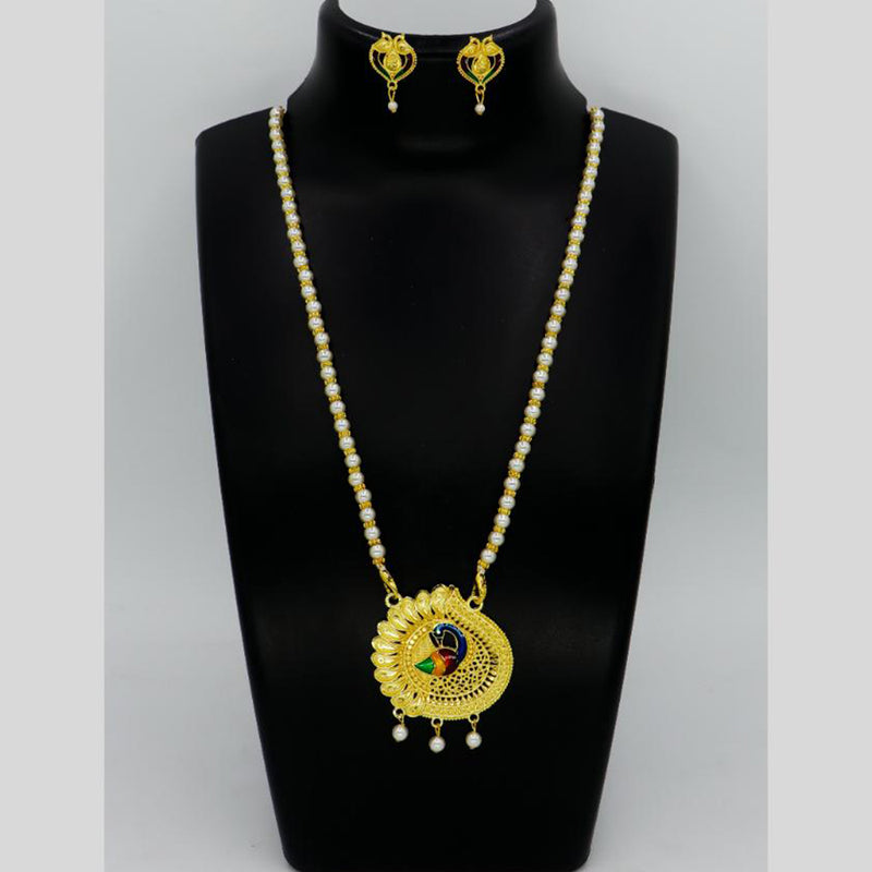 Mahavir Gold Plated Pearls And Meenakari Long Necklace Set