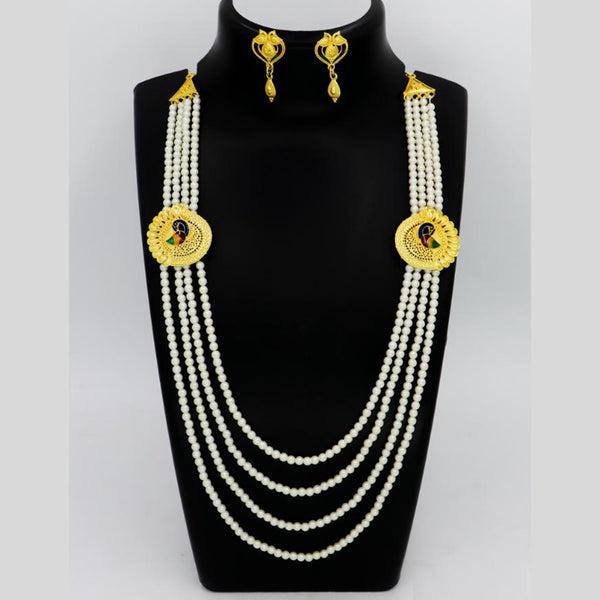 Mahavir Gold Plated Pearls And Meenakari Long Necklace Set