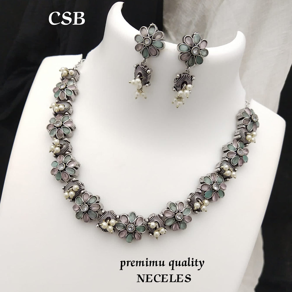 FS Collection Silver Plated Pota Stone Necklace Set