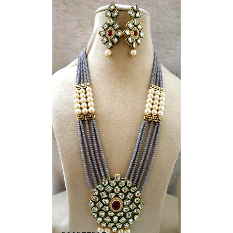 FS Collection Gold Plated Kundan And Pearl Long Necklace Set
