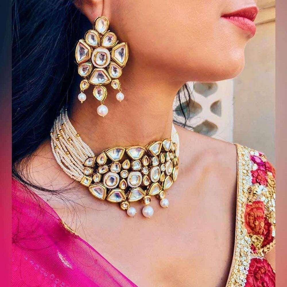 FS Collection Gold Plated Kundan Stone And Pearl Choker Necklace Set