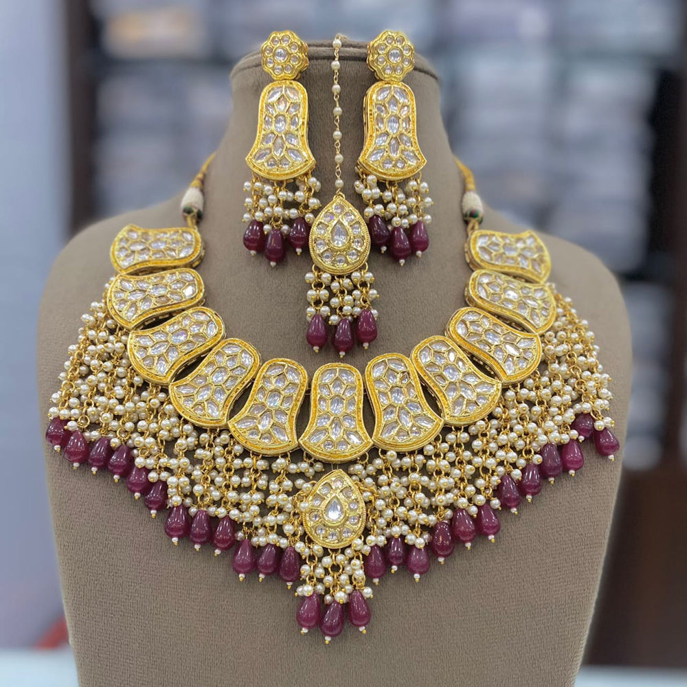 FS Collection Gold Plated Kundan Pearl And Beads Necklace Set