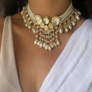 FS Collection Gold Plated Kundan And Pearl Necklace Set