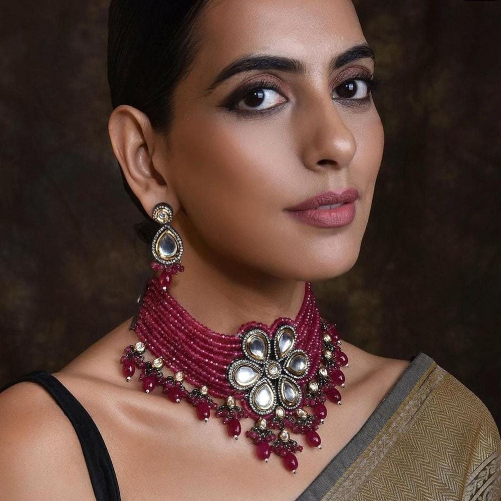 FS Collection Gold Plated Kundan Stone Choker Necklace Set