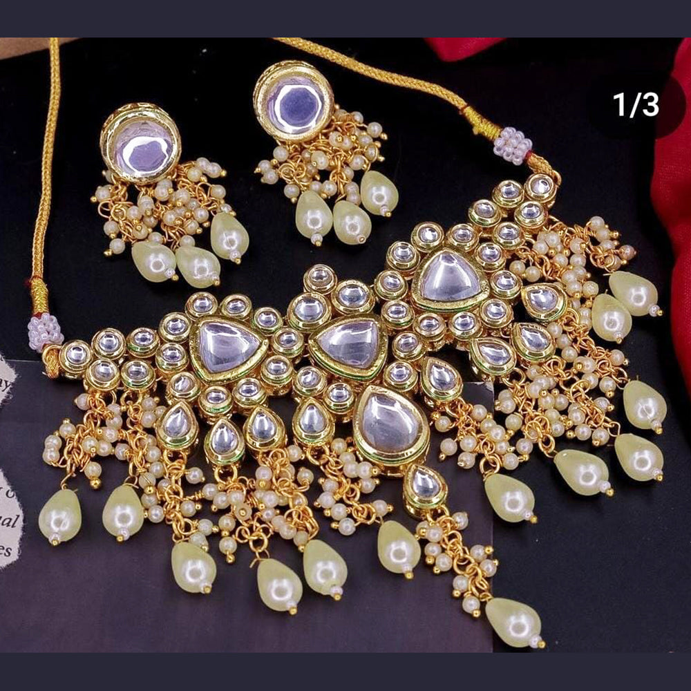 FS Collection Gold Plated Kundan Pearl  And Beads Necklace Set