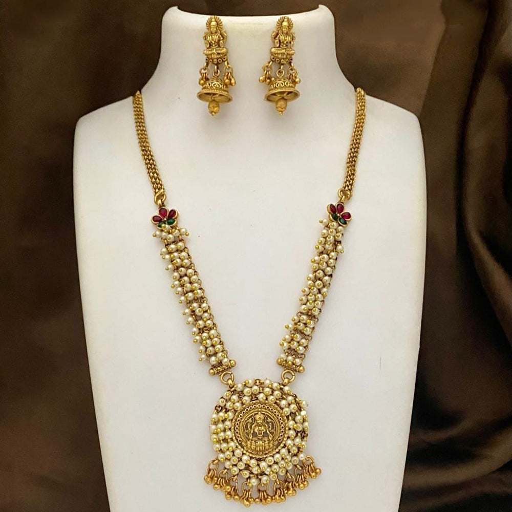 FS Collection Gold Plated Pearl And Pota Stone Temple Long Necklace Set