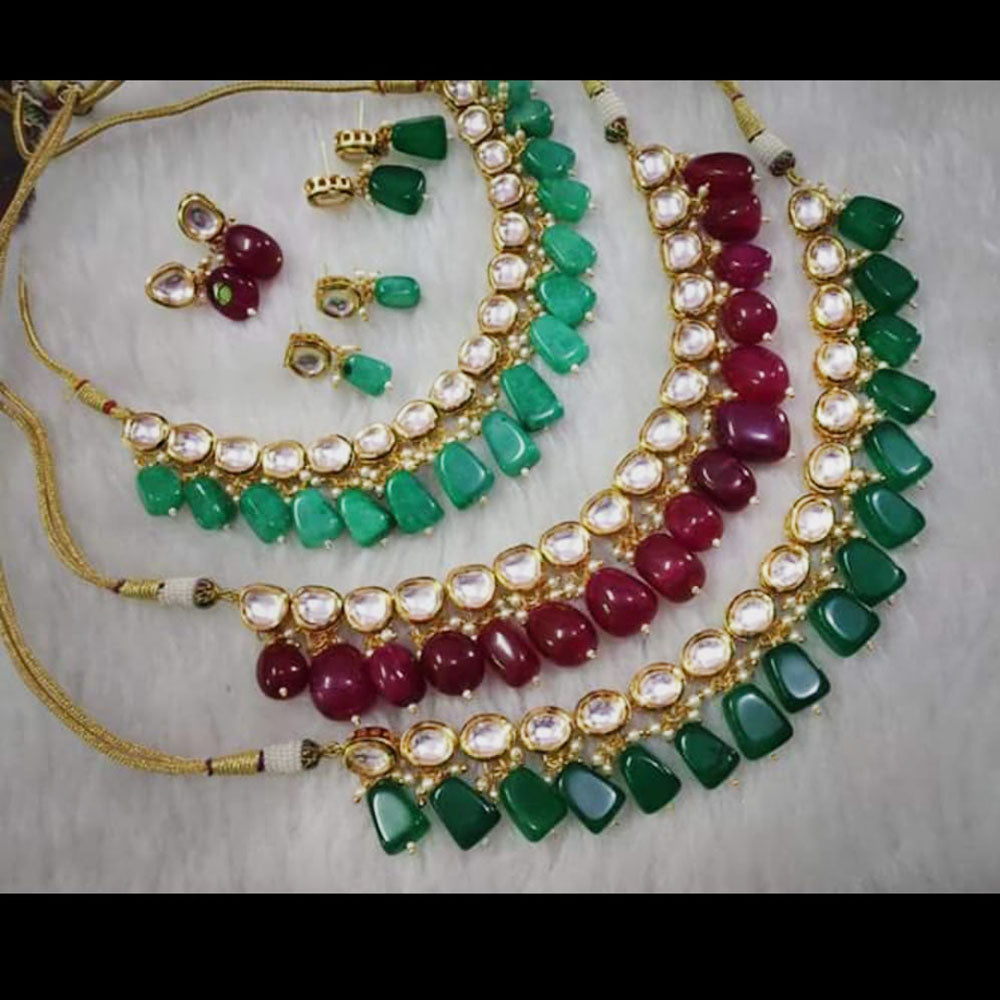 FS Collection Gold Plated Kundan Stone Necklace Set (Assorted Color)