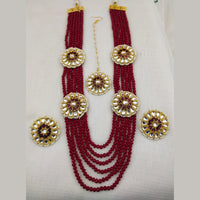 FS Collection Gold Plated Kundan And Beads Multi Layer Long Necklace Set