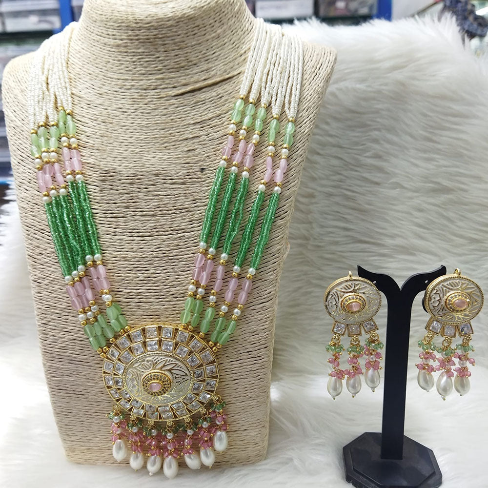 FS Collection Gold Plated Beads And Meenakari Long Necklace Set