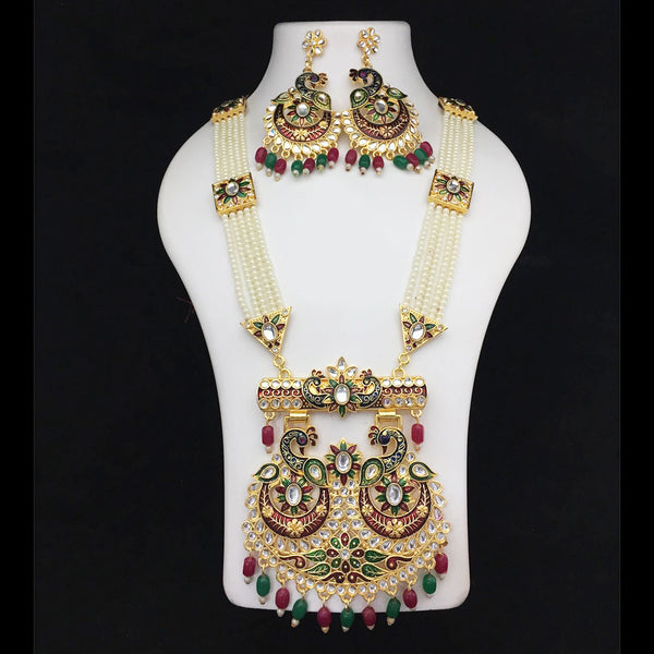 Fs Collection Gold Plated Meenakari And Pearls Long Necklace Set
