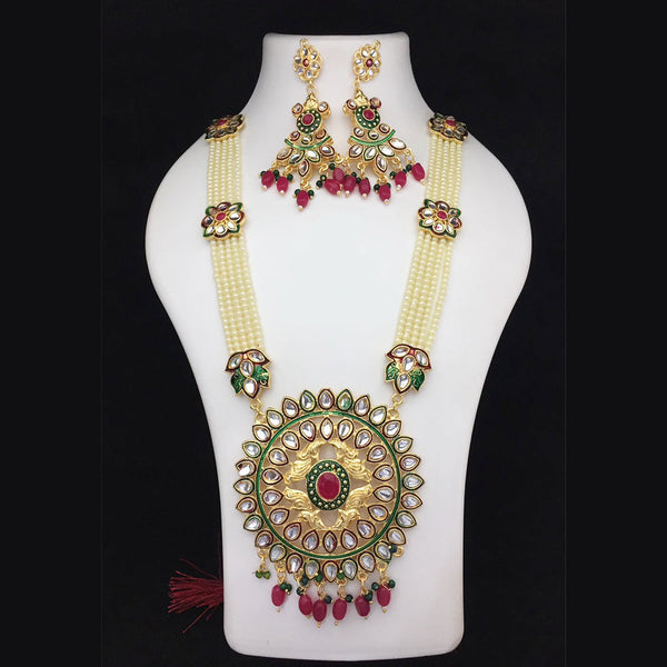 Fs Collection Gold Plated Meenakari And Pearls Long Necklace Set