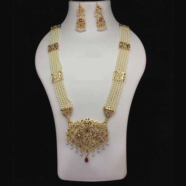 Fs Collection Gold Plated Austrian Stone And Pearls Long Necklace Set