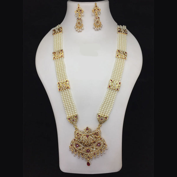 Fs Collection Gold Plated Austrian Stone And Pearls Long Necklace Set