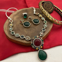 FS Collection Silver Plated Kundan Stone Necklace Set