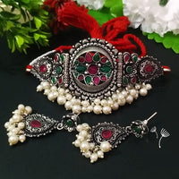 FS Collection Oxidised Plated Pota Stone And Pearl Choker Necklace Set